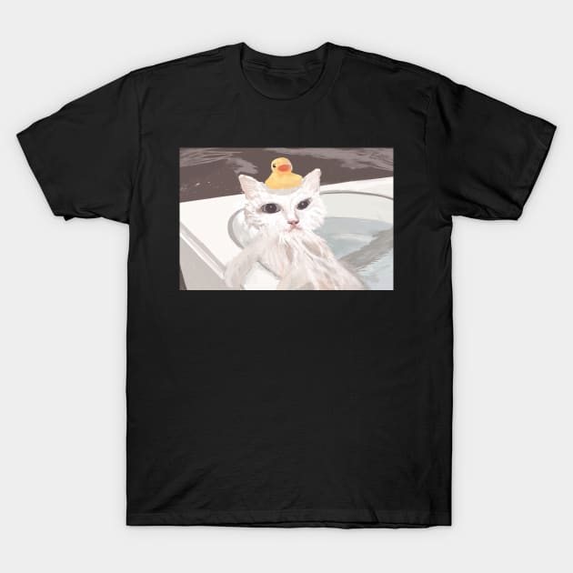 White Cat with Duck T-Shirt by Lisa Williams Design